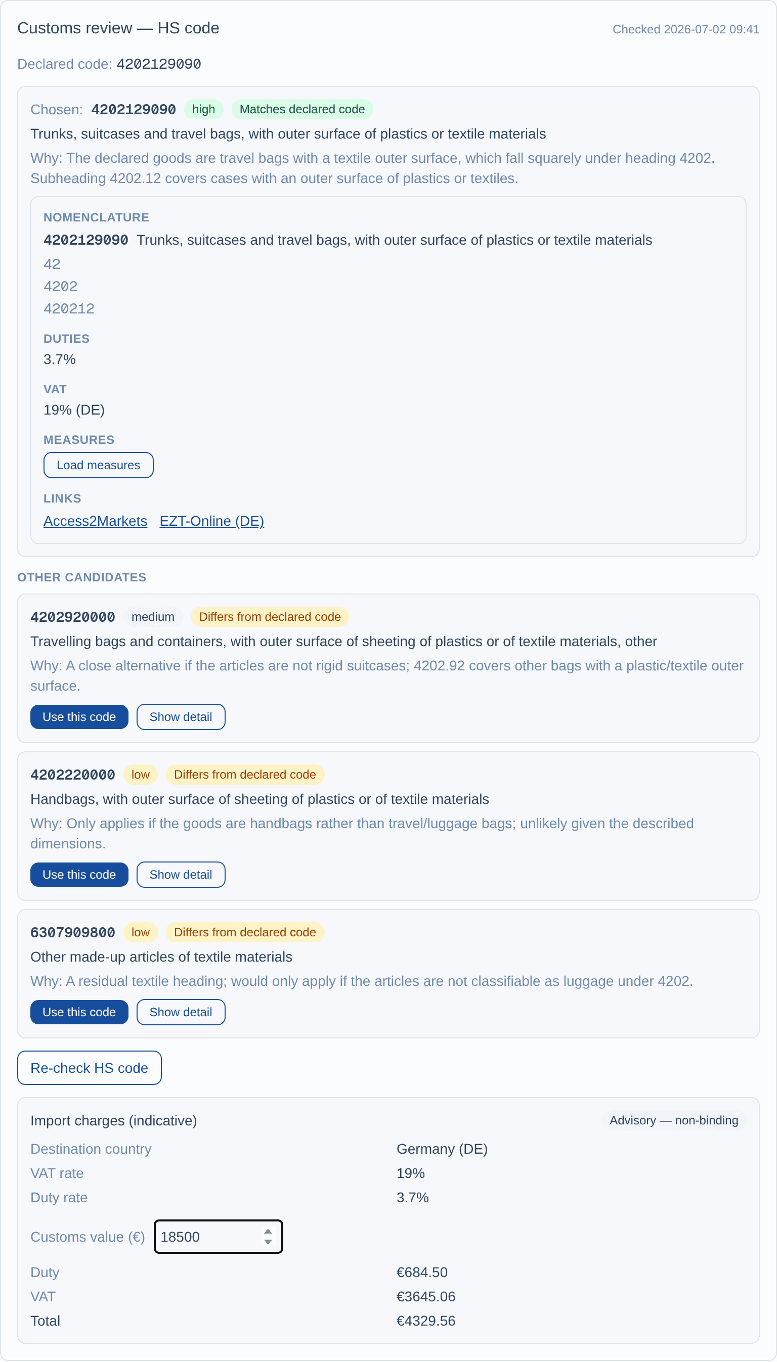 DaoFreight OS AI HS-code assistant suggesting a classification with duty and VAT